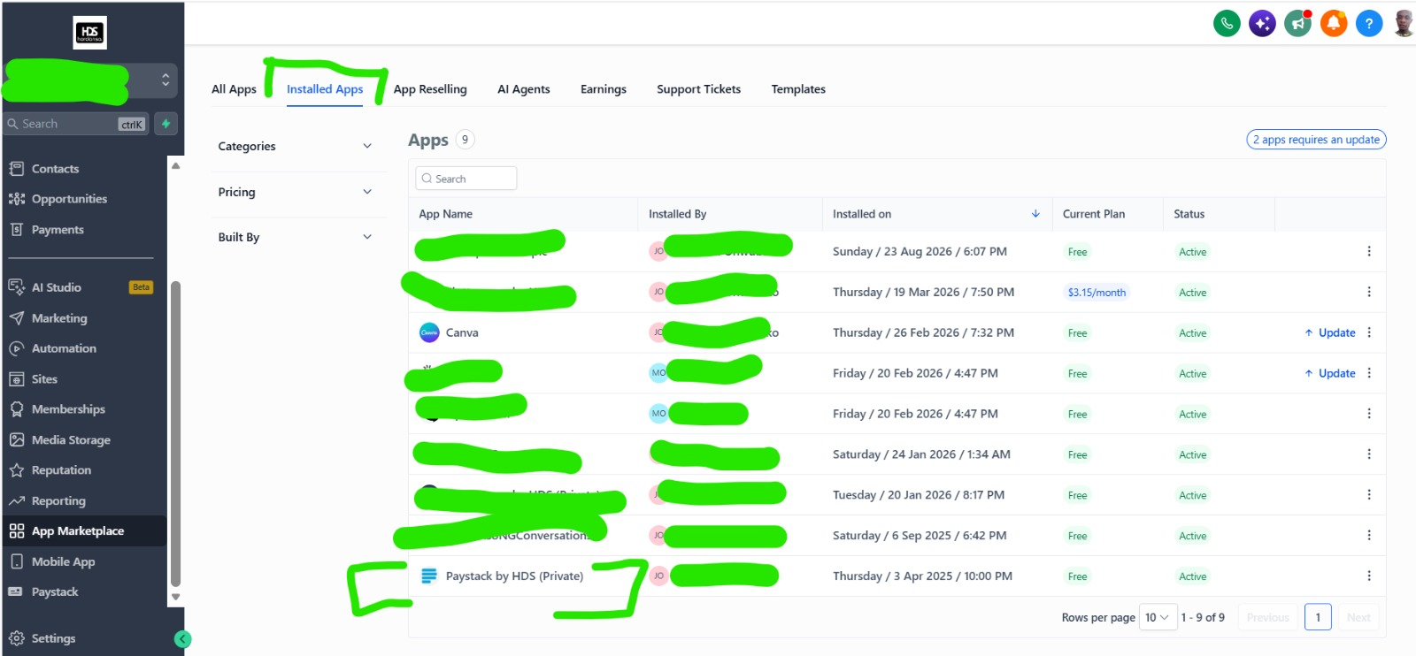 GoHighLevel Business sub-account showing where to add Paystack API keys